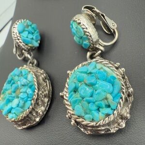 Vintage Southwestern Chunky Turquoise Silver Plated Clip On Earrings